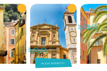 3 photos du vieux Nice, deux représentent des facades typiques, et la troisième montre la facade de la cathédrale Sainte Réparatte sur la place rossetti
