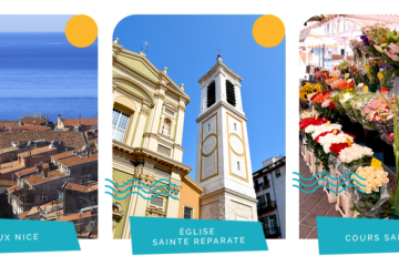 Trois photos du vieux nice, la premère aérienne, la seconde c'est l'église Sainte Réparate sur la place rossetti, ert la troisième le marché au fleur du cours saleya