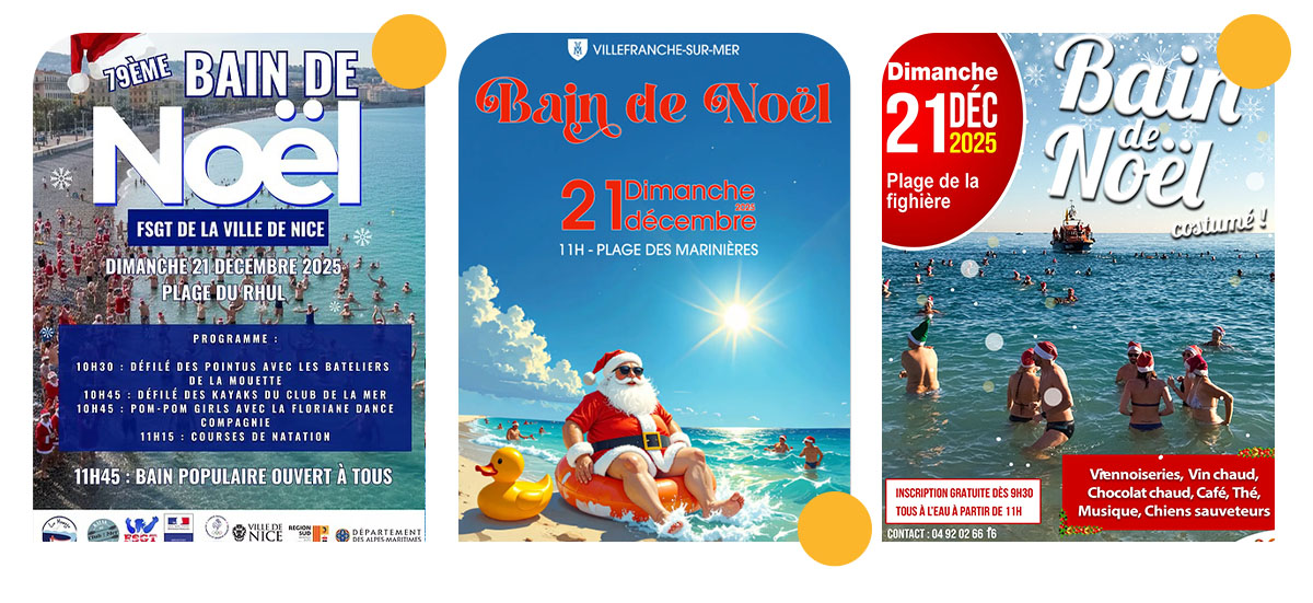 3 affiches des différents bains de Noel: à Nice, à Villefranche sur mer et à Villeneuve Loubet.