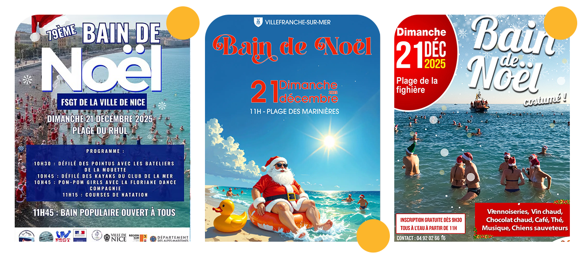 This image highlights the traditional Christmas swim on the French Riviera, with festive posters and participants dressed in Santa hats entering the sea in December.