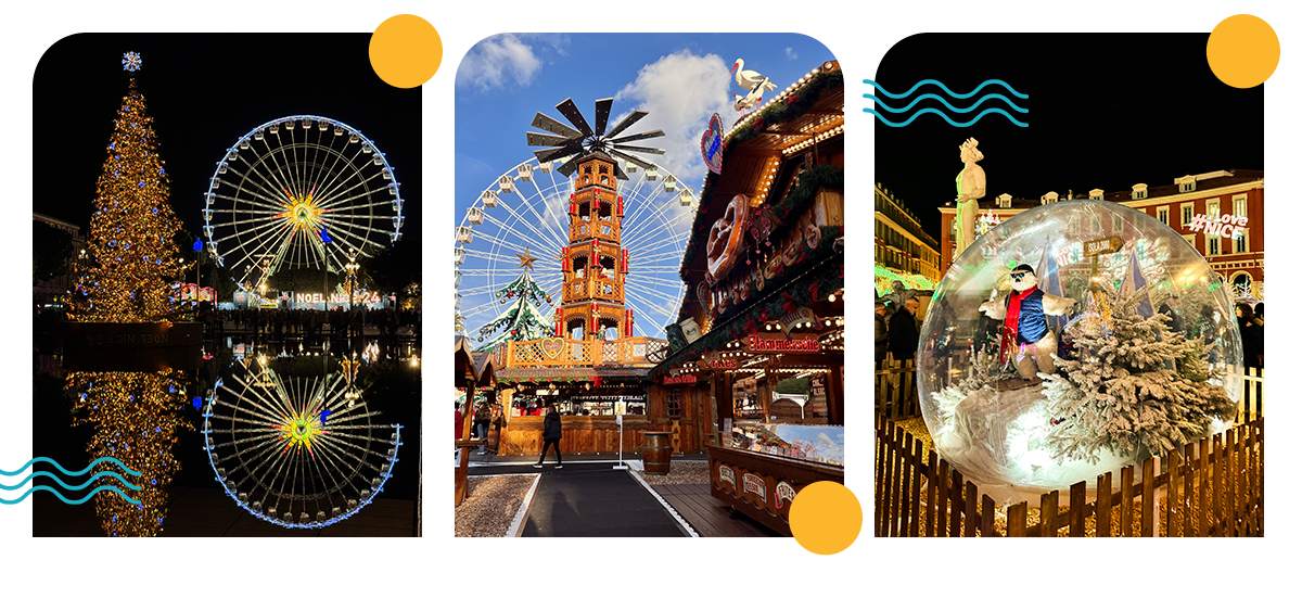 Christmas market in Nice, with festive chalets, a large Ferris wheel and illuminated decorations at night.