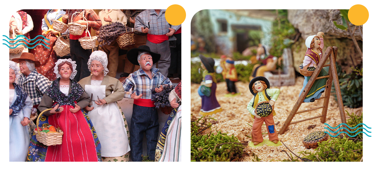 traditional Provençal santons, small hand-painted figurines representing villagers and traditional trades.
Displayed in a miniature setting, they bring the Nativity scene and everyday life of Provence to life during the Christmas season.