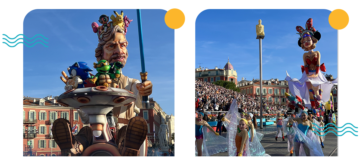 2 photos, sur la première le char avec le roi du carnaval et sur la deuxième le char avec la reine du carnaval ainsi que des danseuses juste devant.