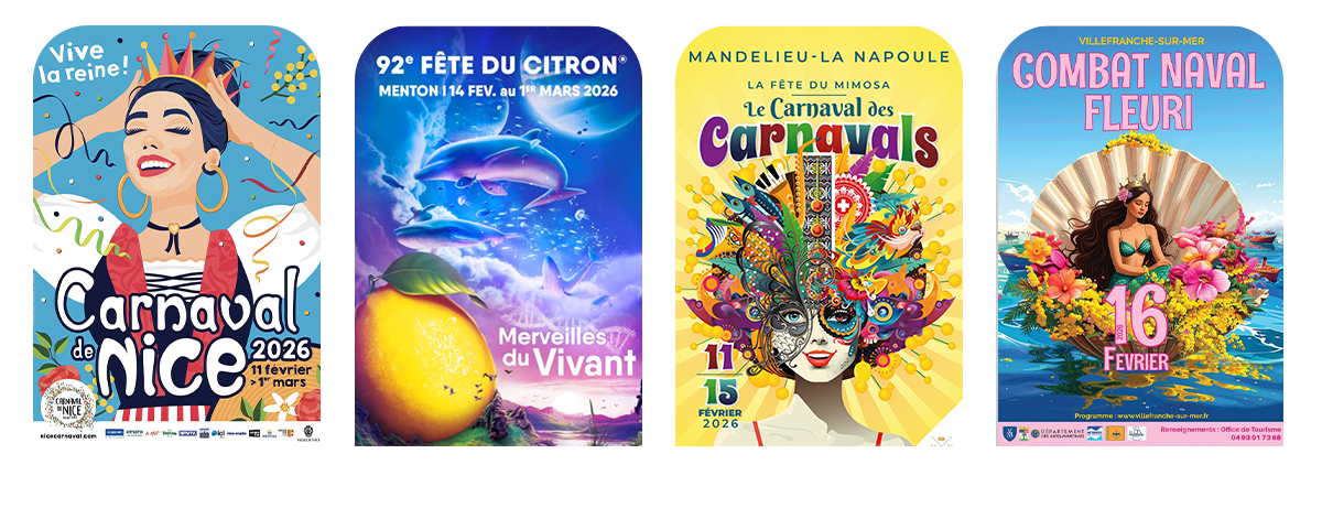 4 affiches des différents carnavals de la Côte d'Azur