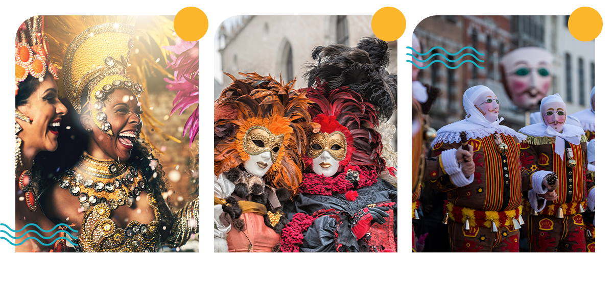 3 photos : la première avec 2 femme brésiliennes vêtues de lors costume de carnaval. Sur la 2ème, 2 personnes vêtues de leur costume de Venise. Sur la 3ème, 2 personnes habillées en Gilles.