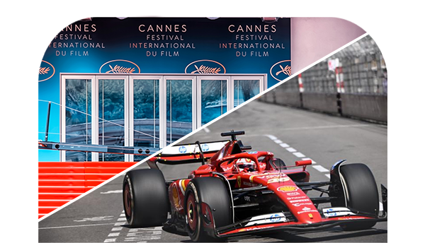photo coupé en 2 avec la partie du haut le tapis rouge du festival de cannes et la partie du bas une formule 1 rouge