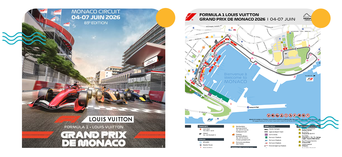 2 images, une de l'affiche du grand prix de monaco de 2026, l'autre du circuit