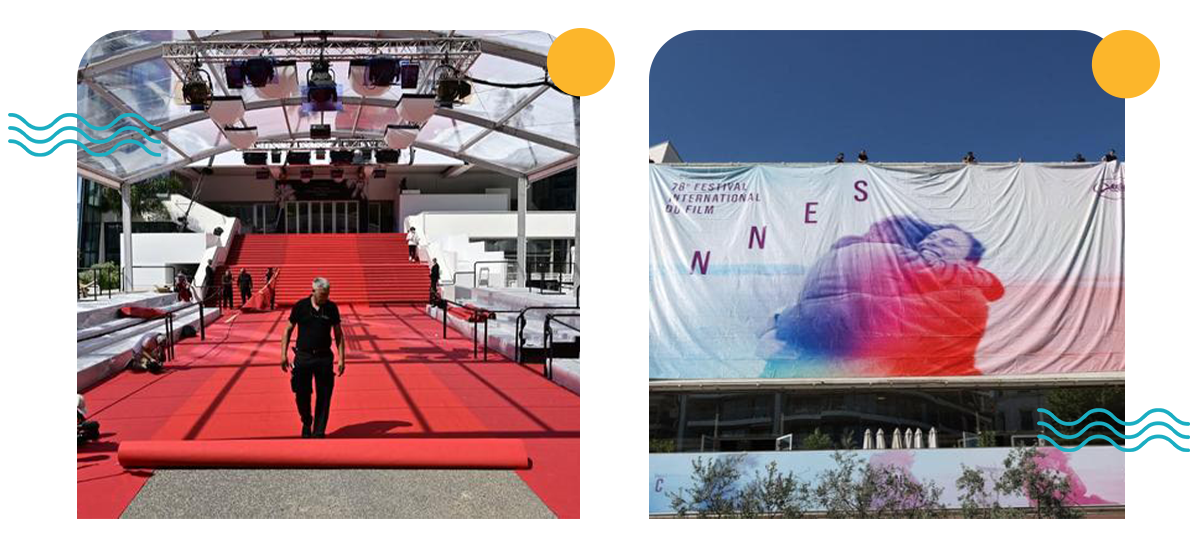 2 photos de l'installation du tapis rouge et de l'affiche sur le palais 