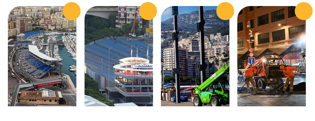 4 petites photos de l'installation des gradins du grand prix de monaco et d'ouvriers en train de refaire la route