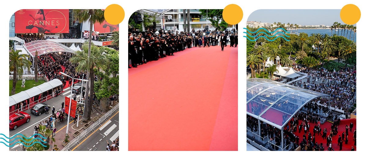 3 photos du tapis rouge , 2 vues de haut avec la foule et une centrée sur le tapisoù l'on voit la différence des 2 rouges