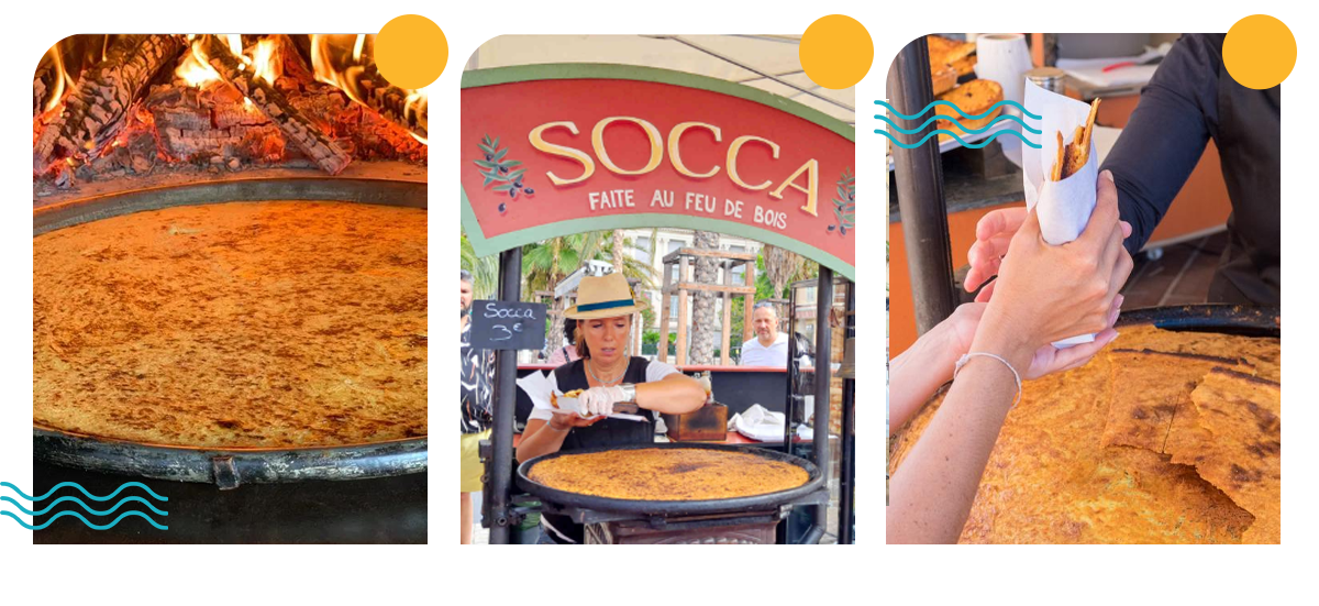 3 photos de socca cuite au feu de bois